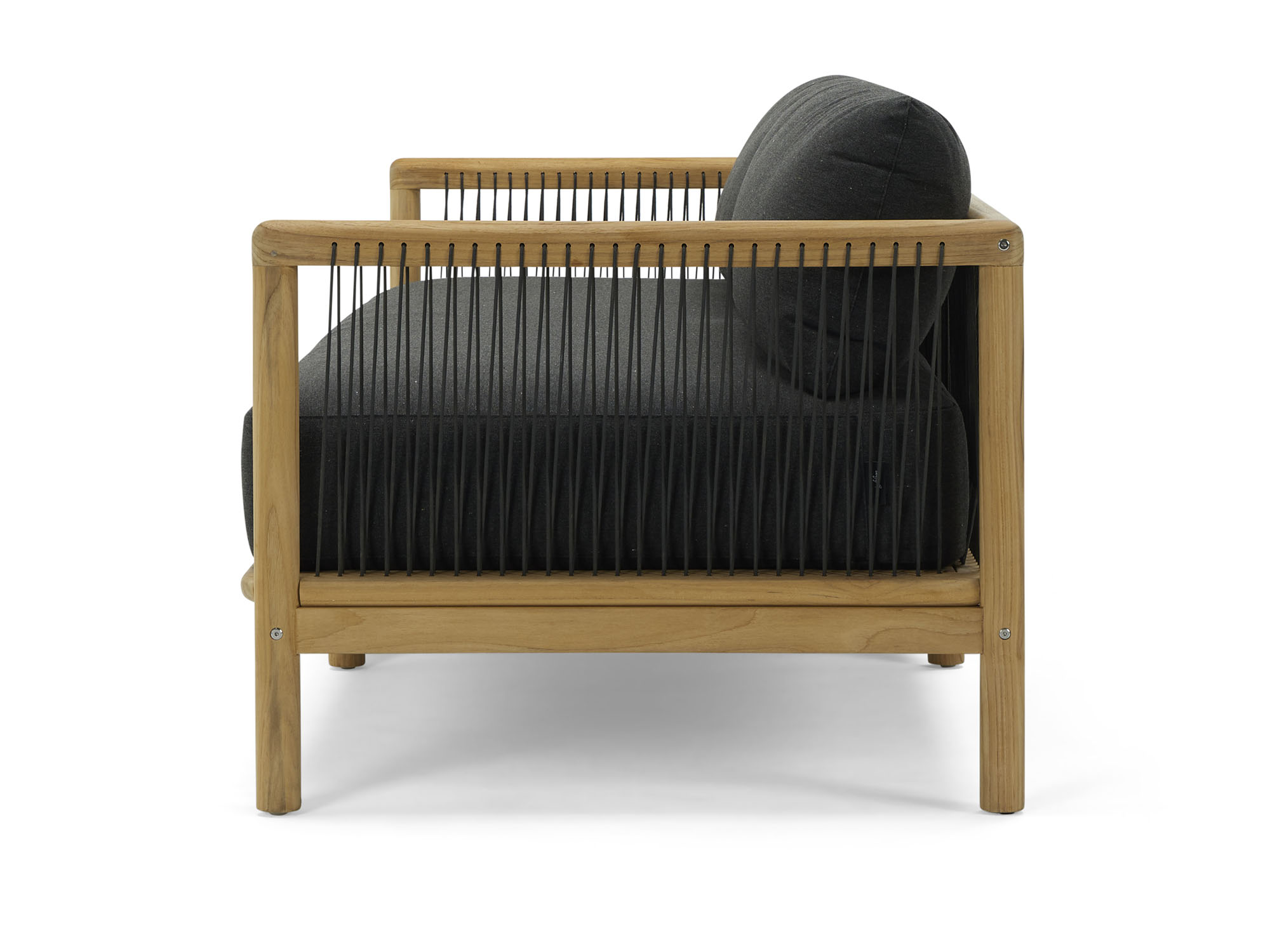 Side view of two seat outdoor sofa with black cushions